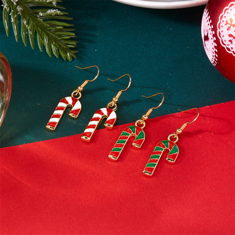 Wholesale Cartoon Christmas Striped  Cane Alloy Oil Drop Earrings