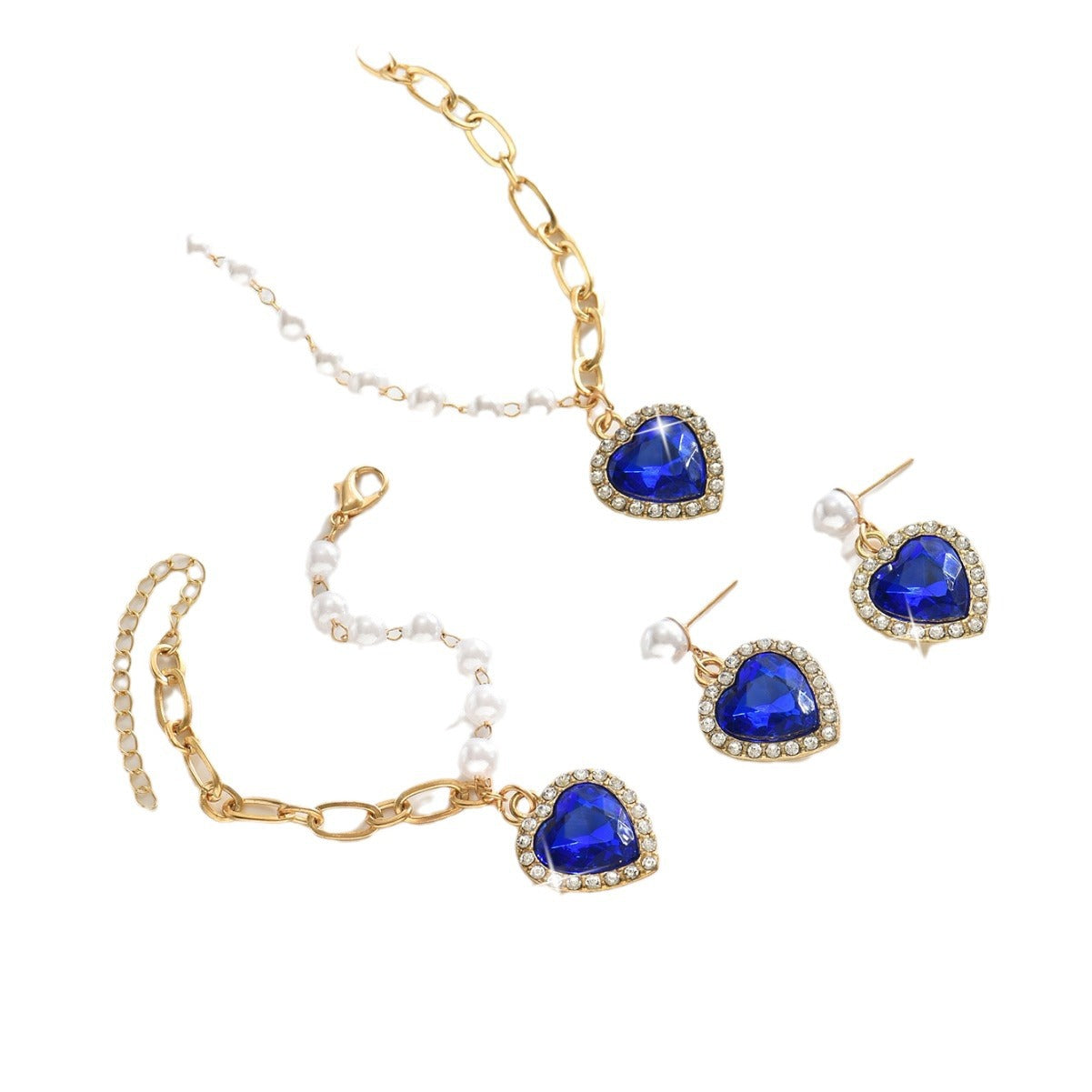 Wholesale Valentine's Day Blue Heart Pendant Pearl Necklace Earrings Bracelet Set