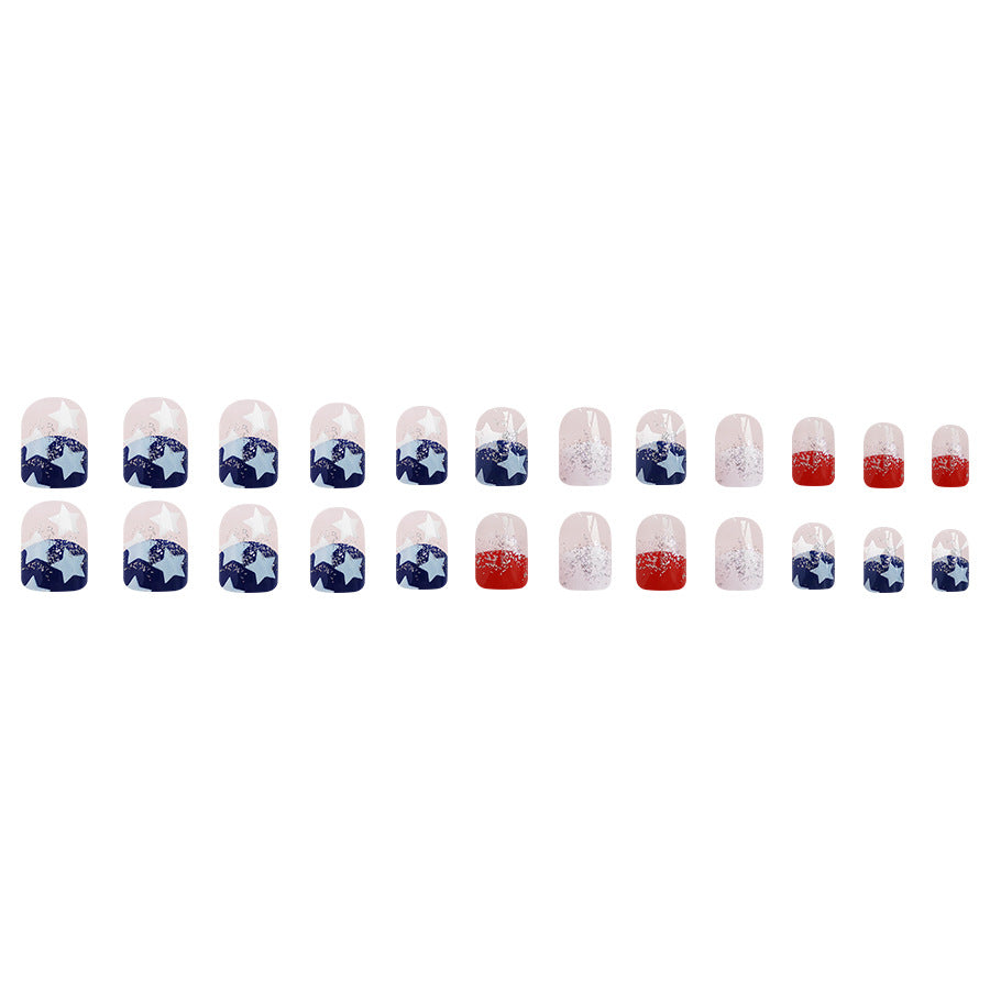 Wholesale 24 Pieces/box American Independence Day Short Glossy Red and Blue Color Glitter Manicure Press-on Nails Kits Nail Stickers ACC-NS-GuaiXL013