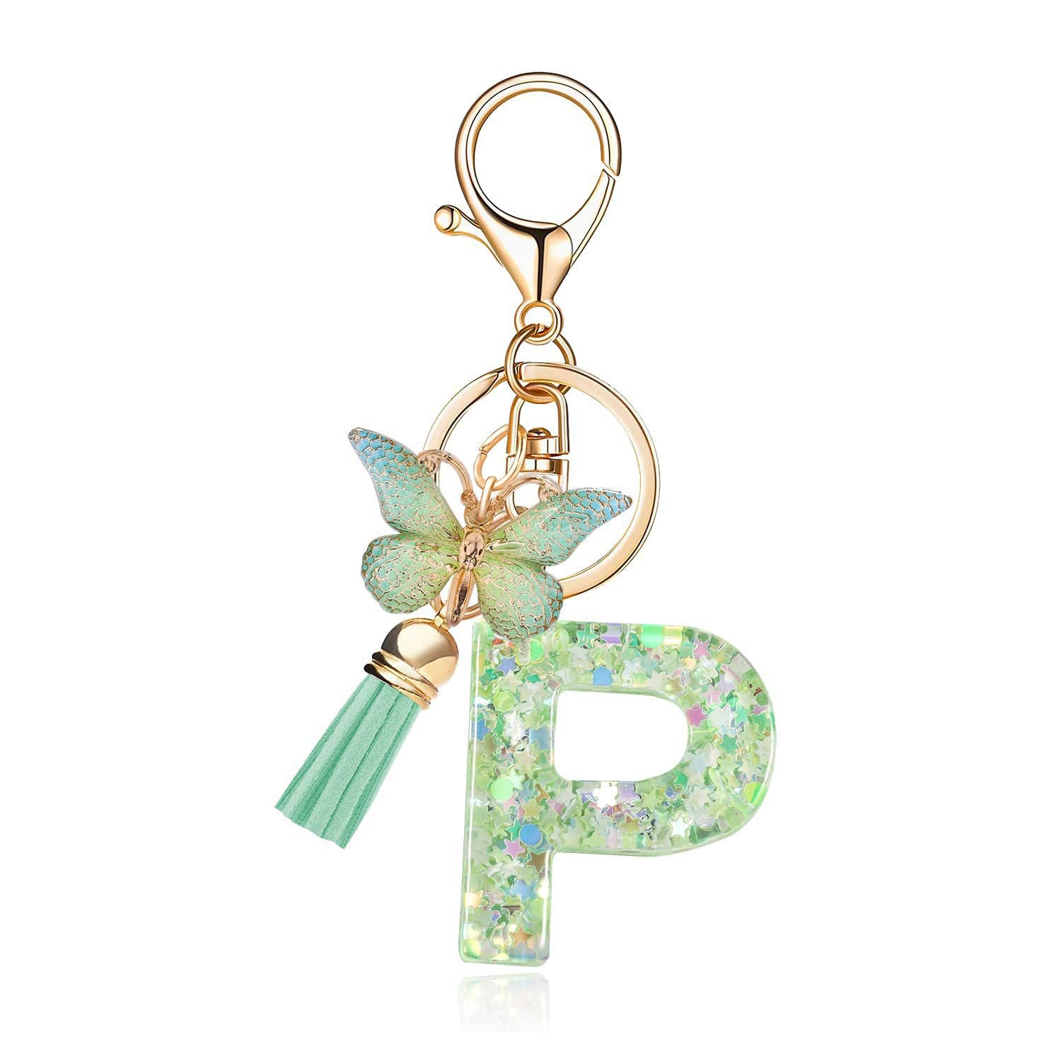 Wholesale 26 letter keychain green butterfly glue keychain
