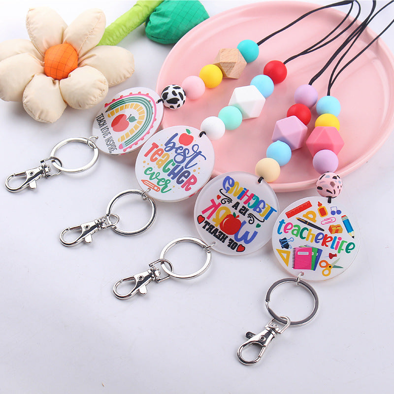 Wholesale Teacher Rainbow Necklace Pendant Cartoon Silicone Beaded Keychain Teacher's Day ACC-KC-GuangTian042