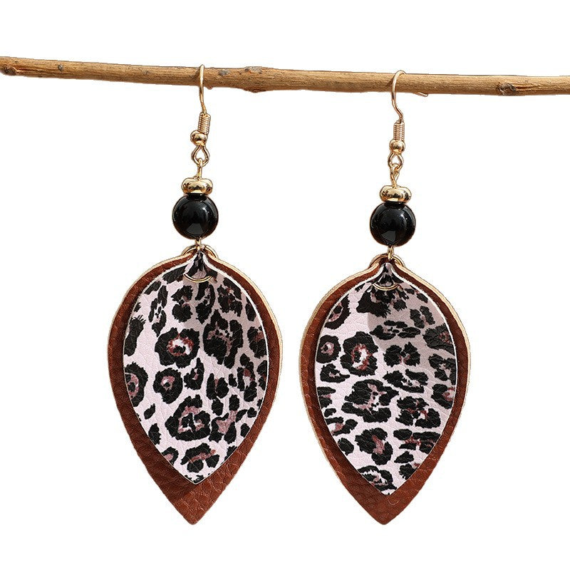 Wholesale leopard print leather earrings, double-layered leopard print teardrop-shaped leather earrings