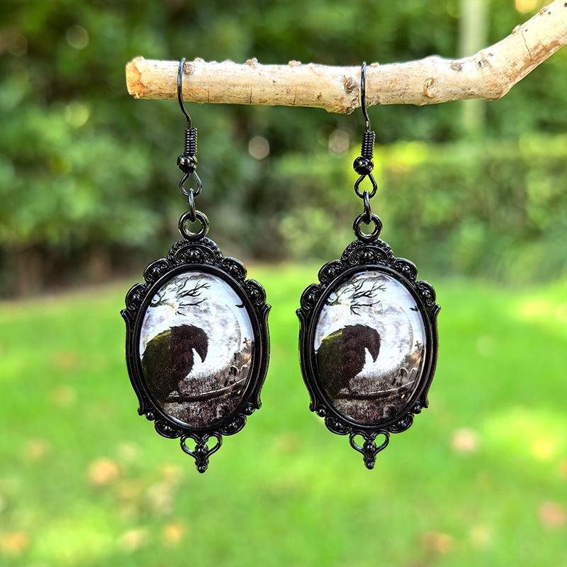 Wholesale Halloween Black Crow Time Gemstone Pendant Earrings