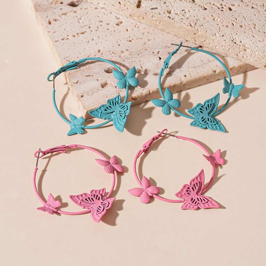 Wholesale Painted butterfly circle silver needle earrings