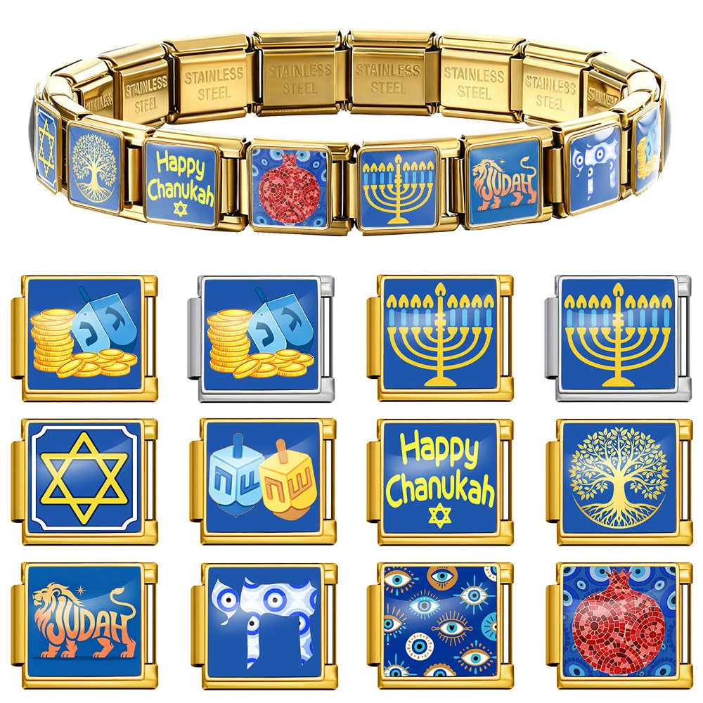 Wholesale Hanukkah Jewish Culture Theme Stainless Steel DIY Modular Bracelet Chic Jewelry Accessory For Everyday Wear Or Gift