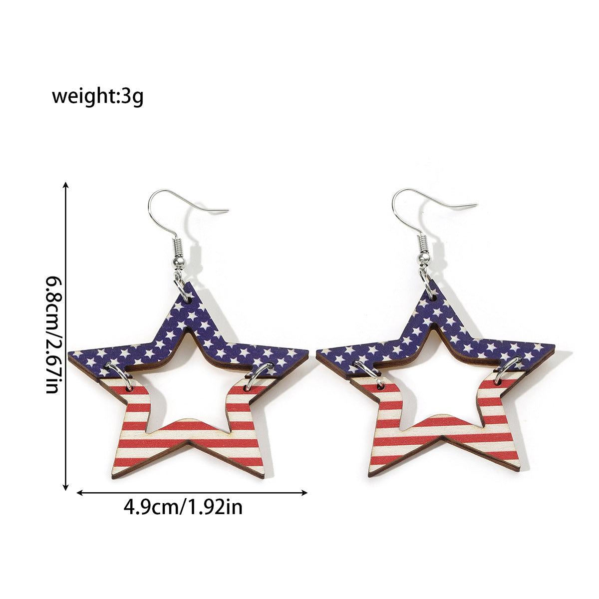 Wholesale Independence Day Hollow Printing Stars Wooden  Earrings