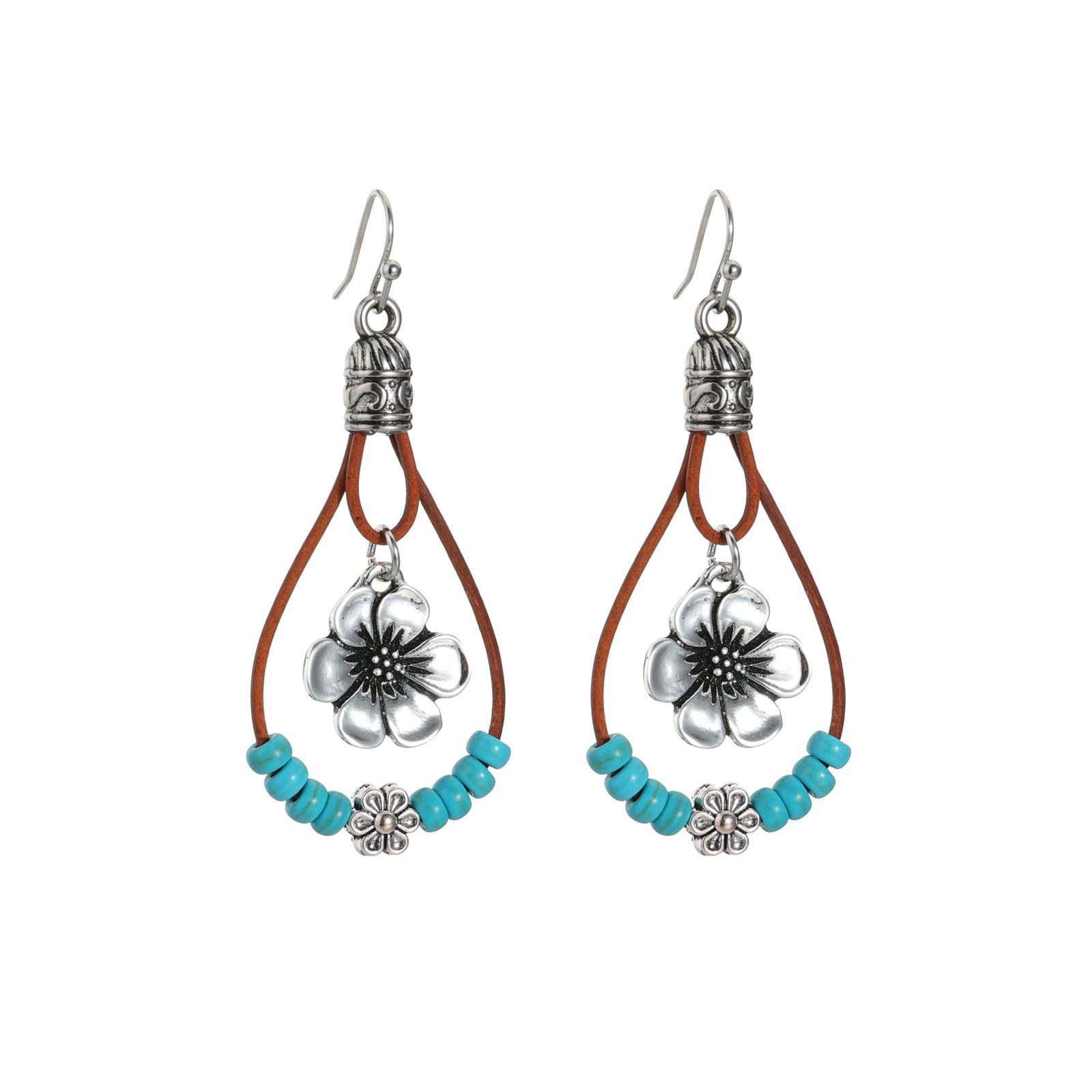 Wholesale  retro ethnic style antique silver flower beads leather rope pendant women's earrings