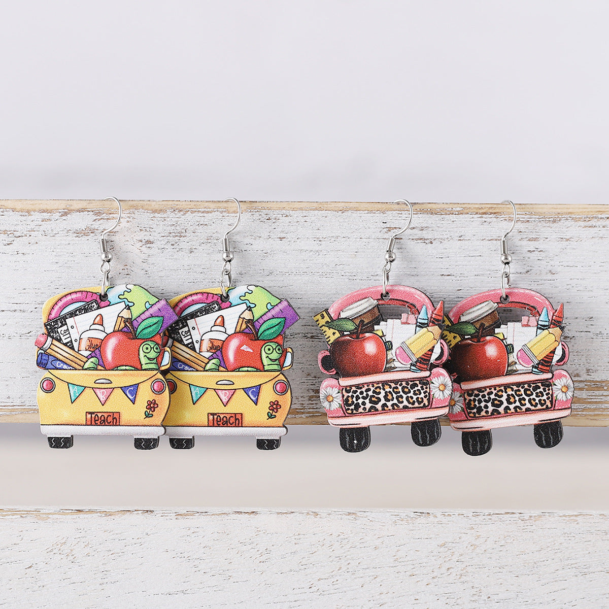 Wholesale Back To School Season Pencil Apple Crayon Wood Double Sided Earrings ACC-ES-ChuLian093