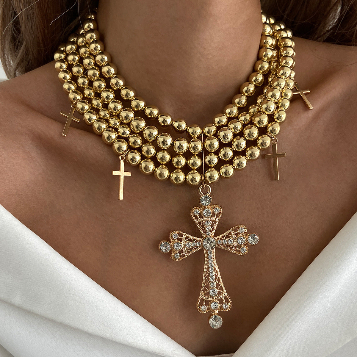 Wholesale Light Luxury Rhinestone Cross Multi Layer Necklace Trendy Geometric Gold Clavicle Chain Gift And Boutique Resale