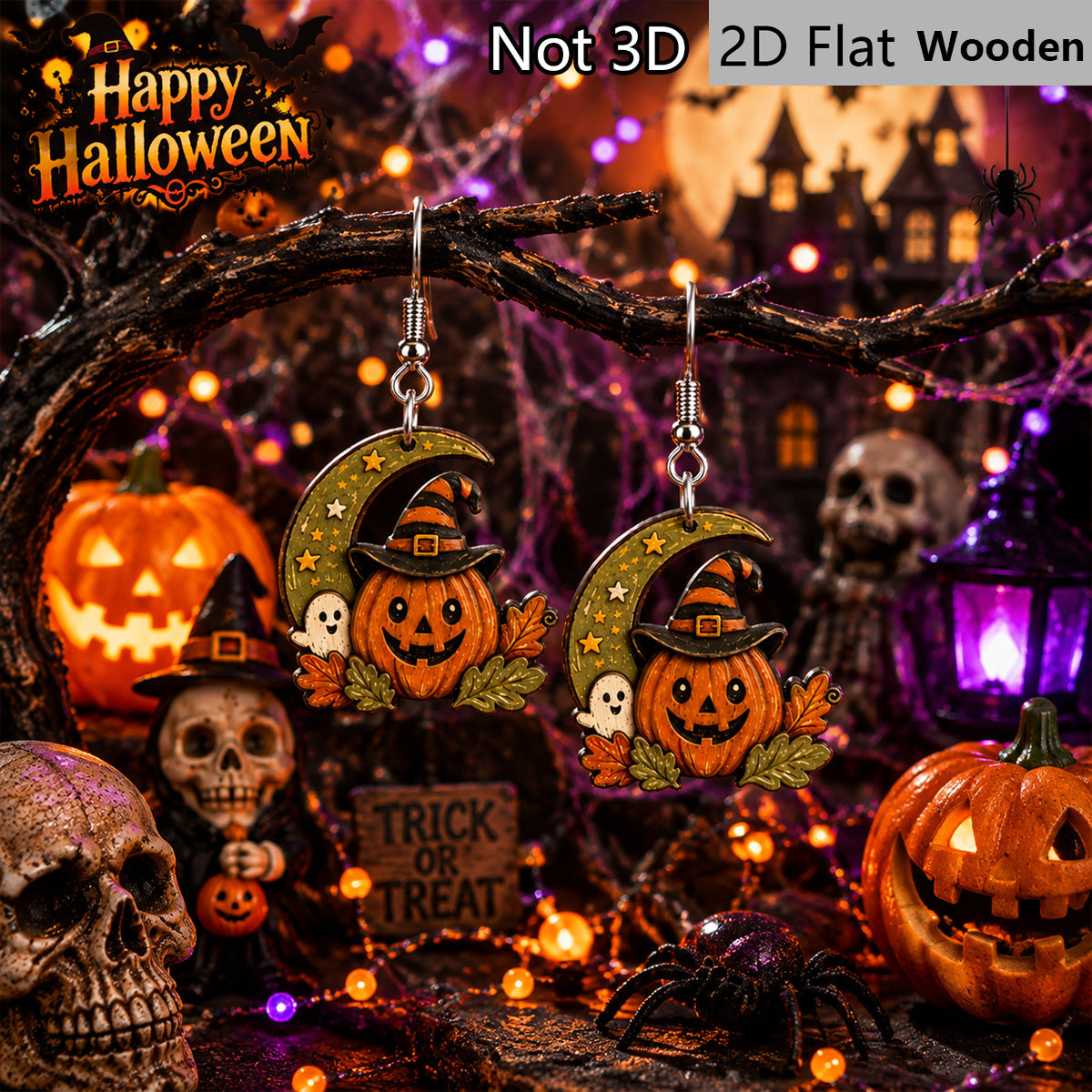 Wholesale Wooden  Earrings Crescent Witch Hat Pumpkin Ghost Maple Leaf Star Painted Dangle Earrings For Party And Gift