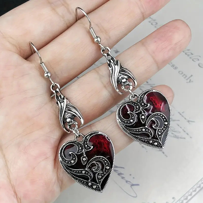 Wholesale Christmas  Alloy Gothic Style Dark Black Bat Oil Dropping Heart-shaped  Earrings