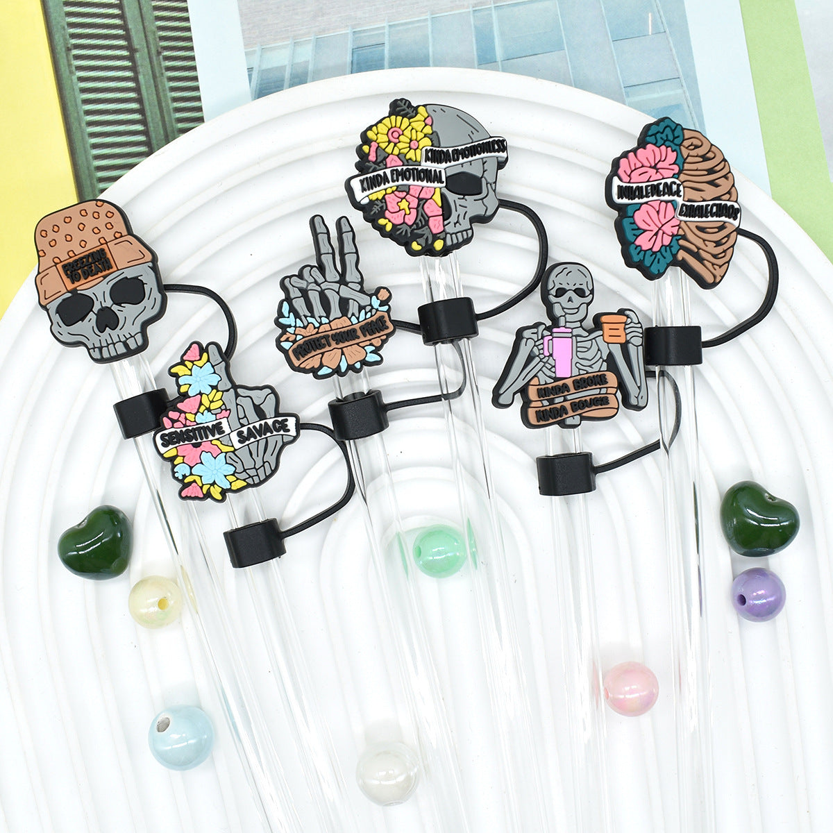 Wholesale Random 100pcs Halloween Skull 10mm PVC Soft Straw Tube Cap ACC-SCR-RYY075