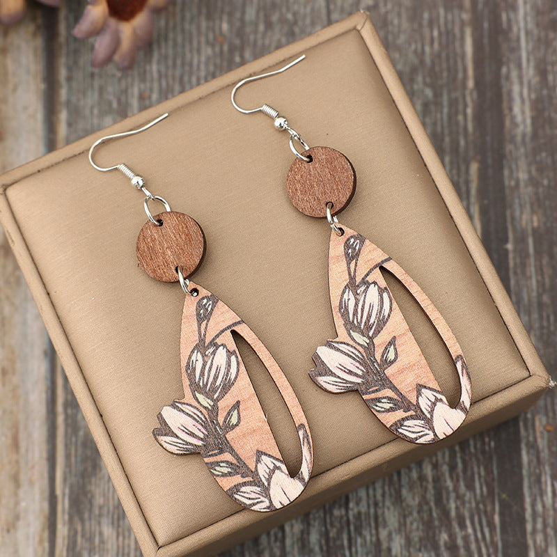 Wholesale  Bohemian  Cut Out Flower Spliced Wood Chip Earrings