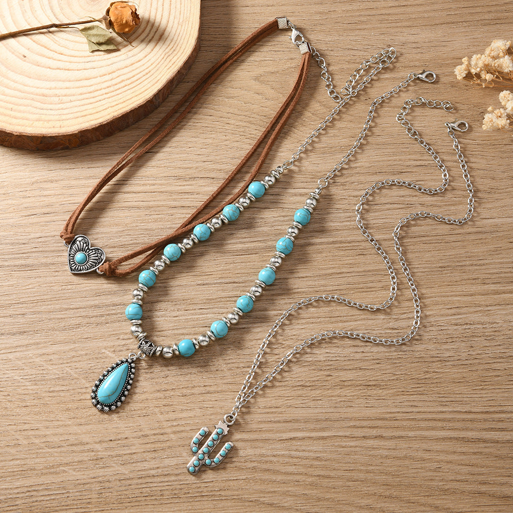 Wholesale Sweet and Cool Style Jewelry Retro Imitation Turquoise Summer Clavicle Chain Beaded Necklace Set