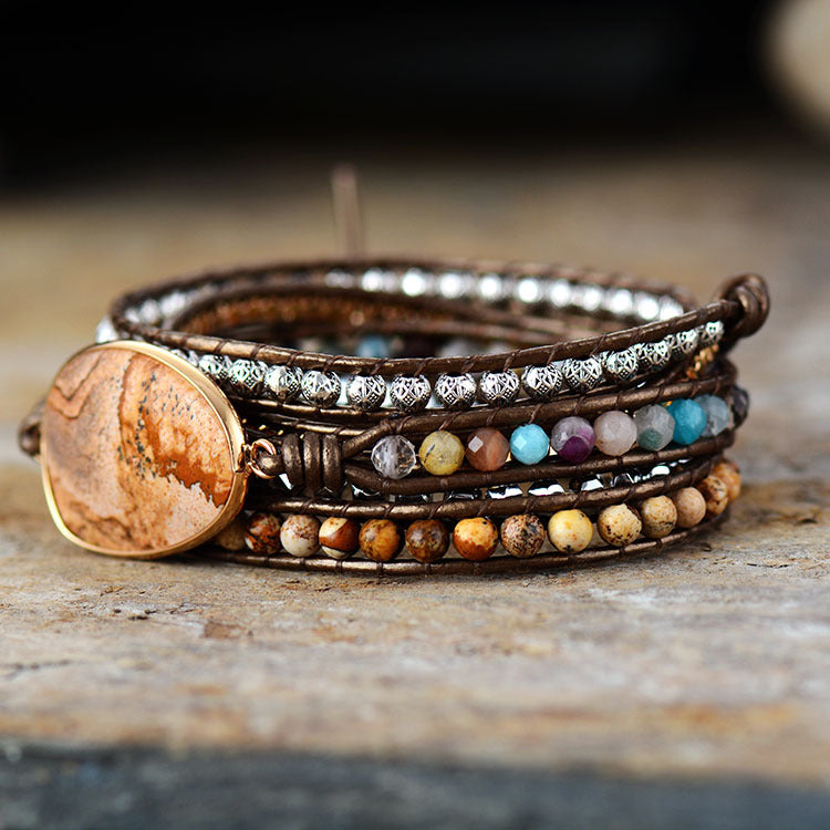 Wholesale Natural Stone Picture Stone Handmade Leather Wrap Bracelets ACC-BT-LZ018