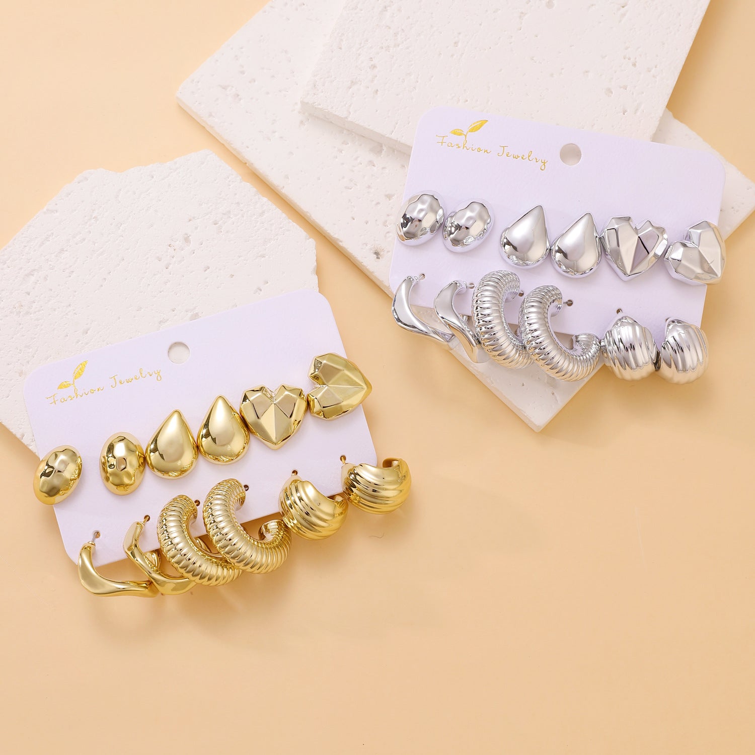 Wholesale C-shaped Irregular Exaggerated Gold and Silver Earrings 6-piece Set ACC-ES-ChengJing001