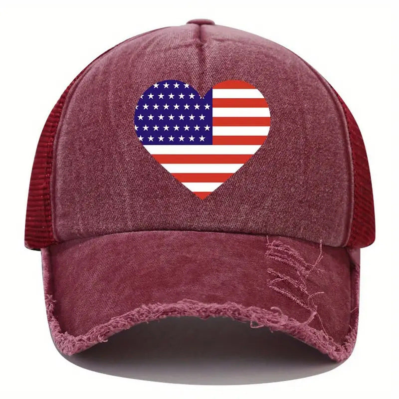 Wholesale of American Independence Day Flag Heart-shaped Printed Cotton Baseball Caps ACC-HT-TangQiu007