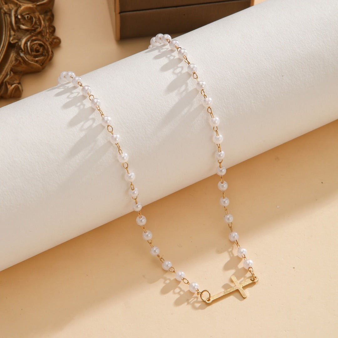 Wholesale Electroplated Alloy Cross Pearl Necklace European Style Women' s Jewelry Accessory