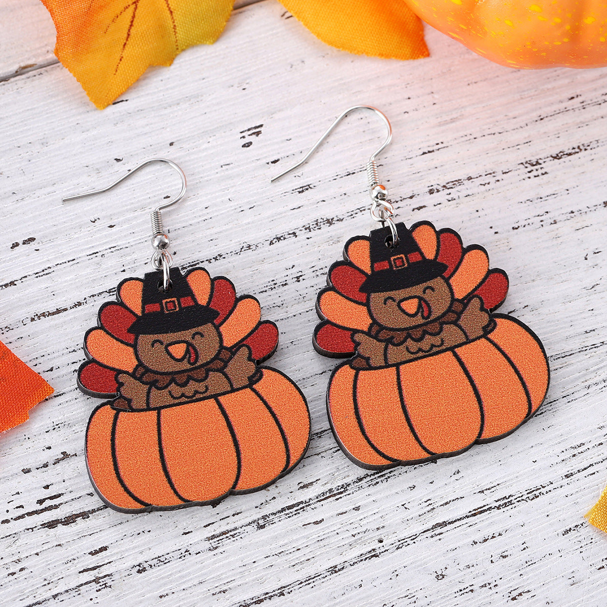 Wholesale Autumn Harvest Thanksgiving Turkey Pumpkin Funny Pendant Wood Earrings
