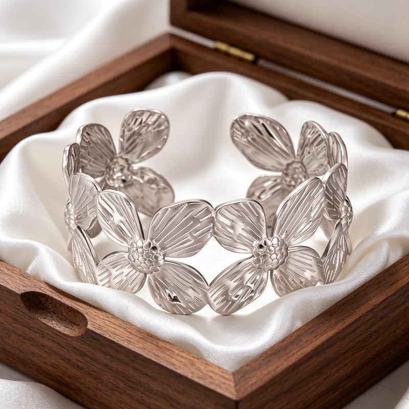 Wholesale Stainless Steel Electroplated Flower Open Cuff Bracelet - Trendy Boutique Resale Jewelry