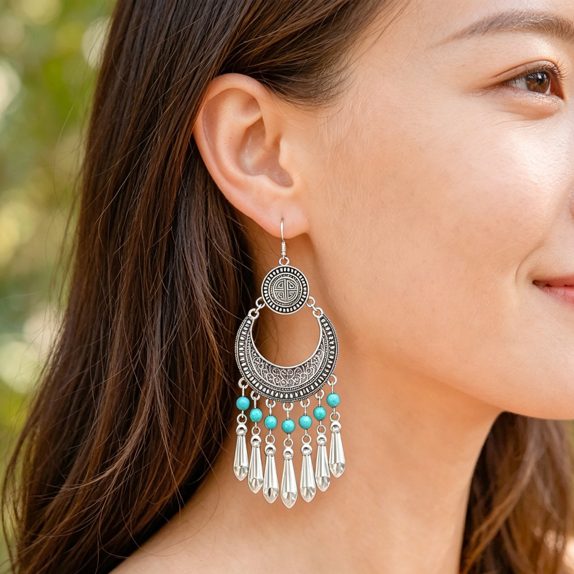 Wholesale Bohemian Retro Circular Antique Silver Tassel Earrings Tibetan Style Ethnic Zinc Alloy Jewelry Accessory Gift