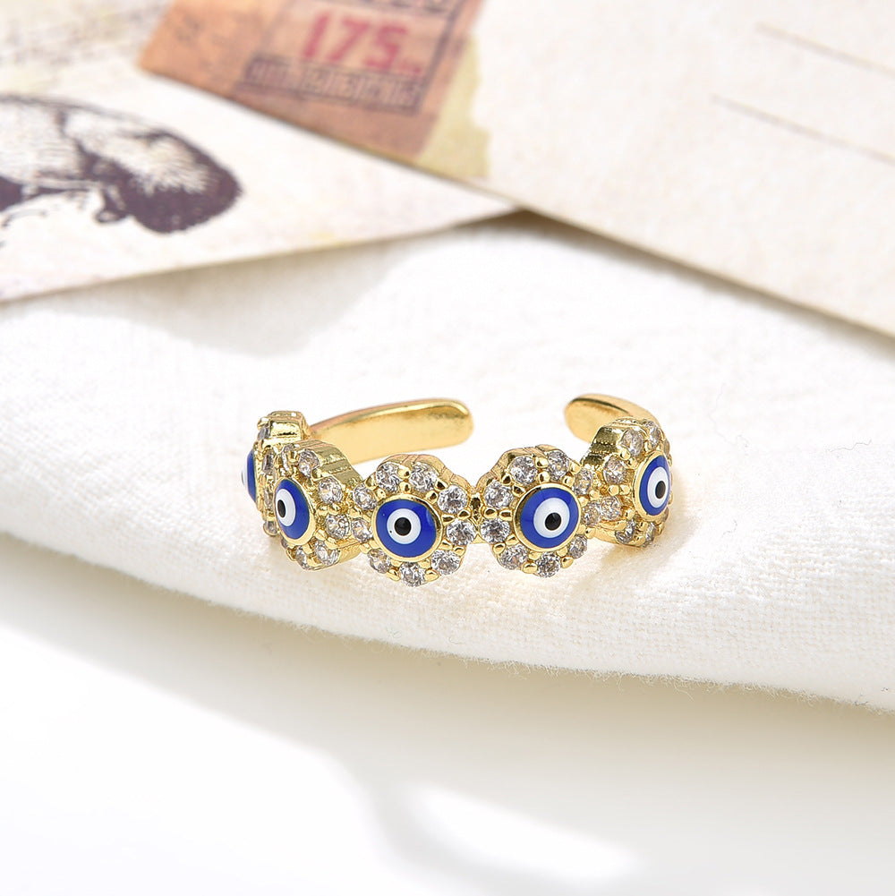 Wholesale 18K gold-plated zircon oil-drop colored devil' s eye open ring
