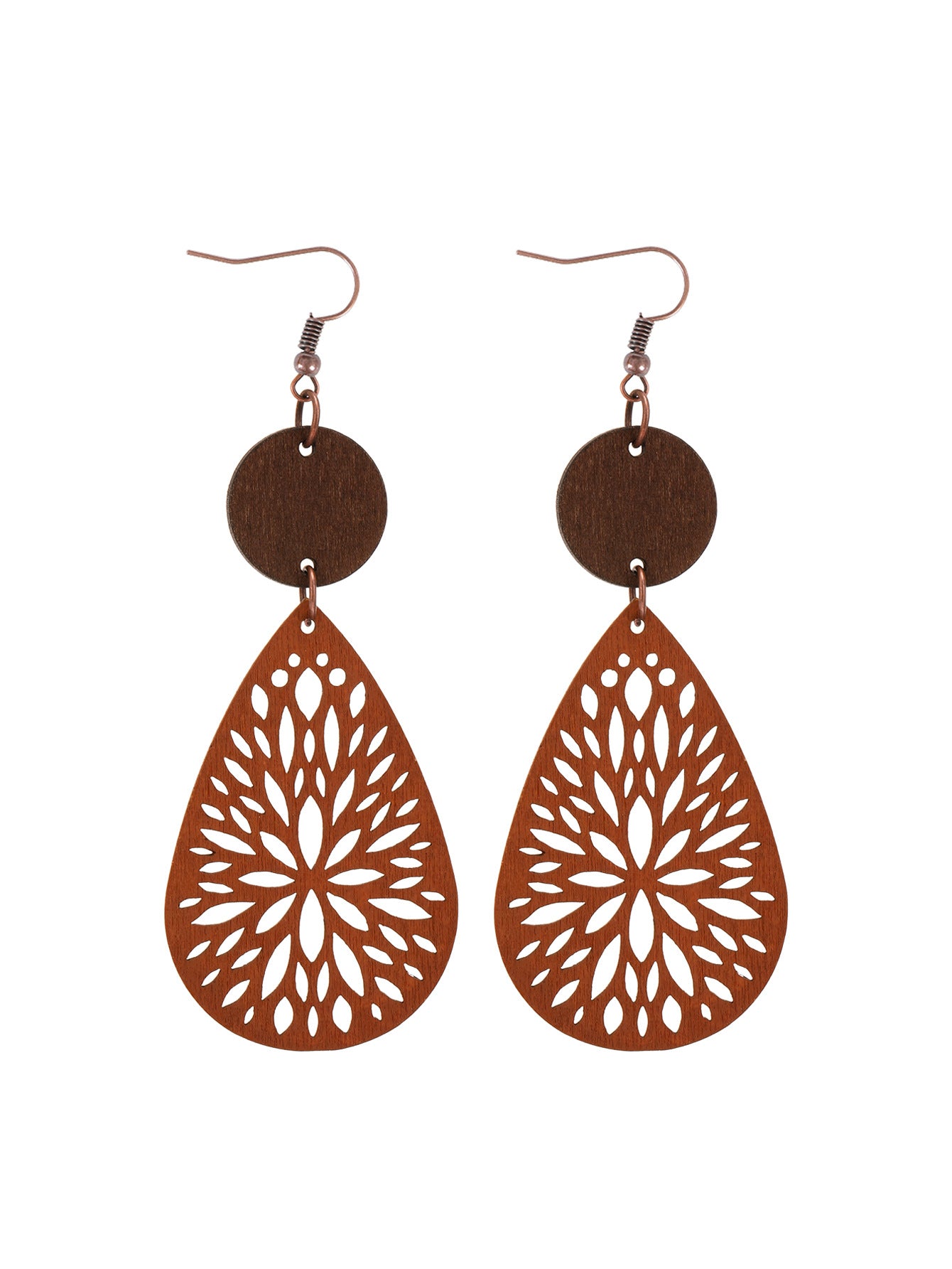 Wholesale Bohemian Style Vacation Vintage Hollow Water Drop Wooden Round Pieces Leather Earrings