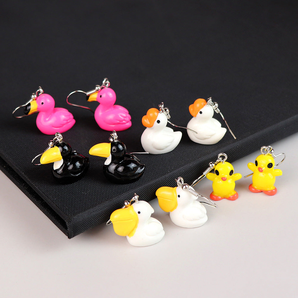 Wholesale three-dimensional cartoon flamingo goose little yellow duck earrings