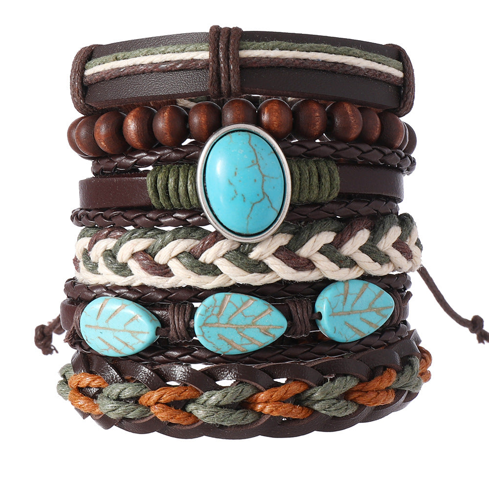Wholesale Boho Blue Wood Bead Woven Multi Layer Bracelet Set Unisex 6 Piece Fashion Jewelry Accessory For Everyday Wear And Boutique Resale