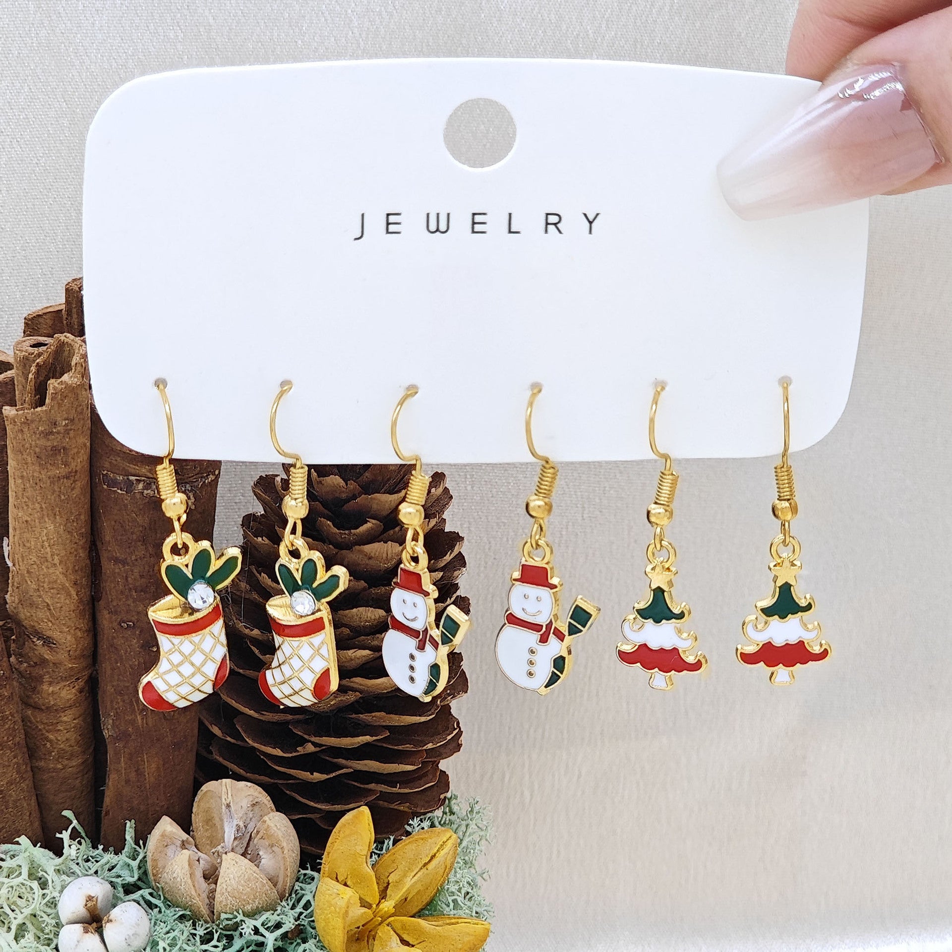 Wholesale 6pcs Cartoon Three-dimensional Oil Drop Christmas Series Snowman Elk Earrings ACC-ES-TianShe006