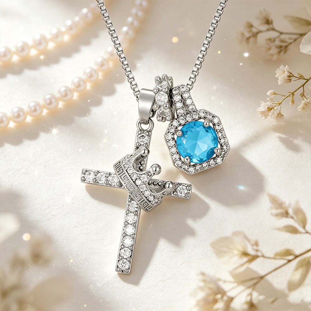 Wholesale Copper Cross Pendant Necklace with Zircon,  Geometric Fashion Jewelry Accessory for Women,  DIY Gift