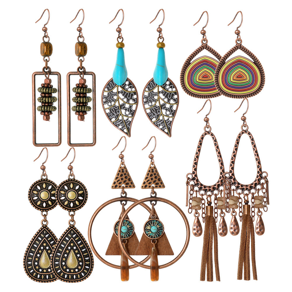 Wholesale Retro Ethnic Style Cut Out Tassel Earring Set 12 Pairs Zinc Alloy for Everyday Wear
