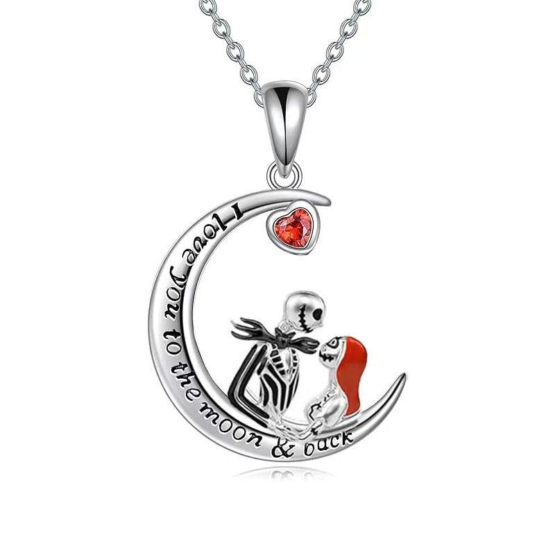 Wholesale Silver Tone Rhinestone Moon Skull Necklace –  Geometric Pendant for Men Women