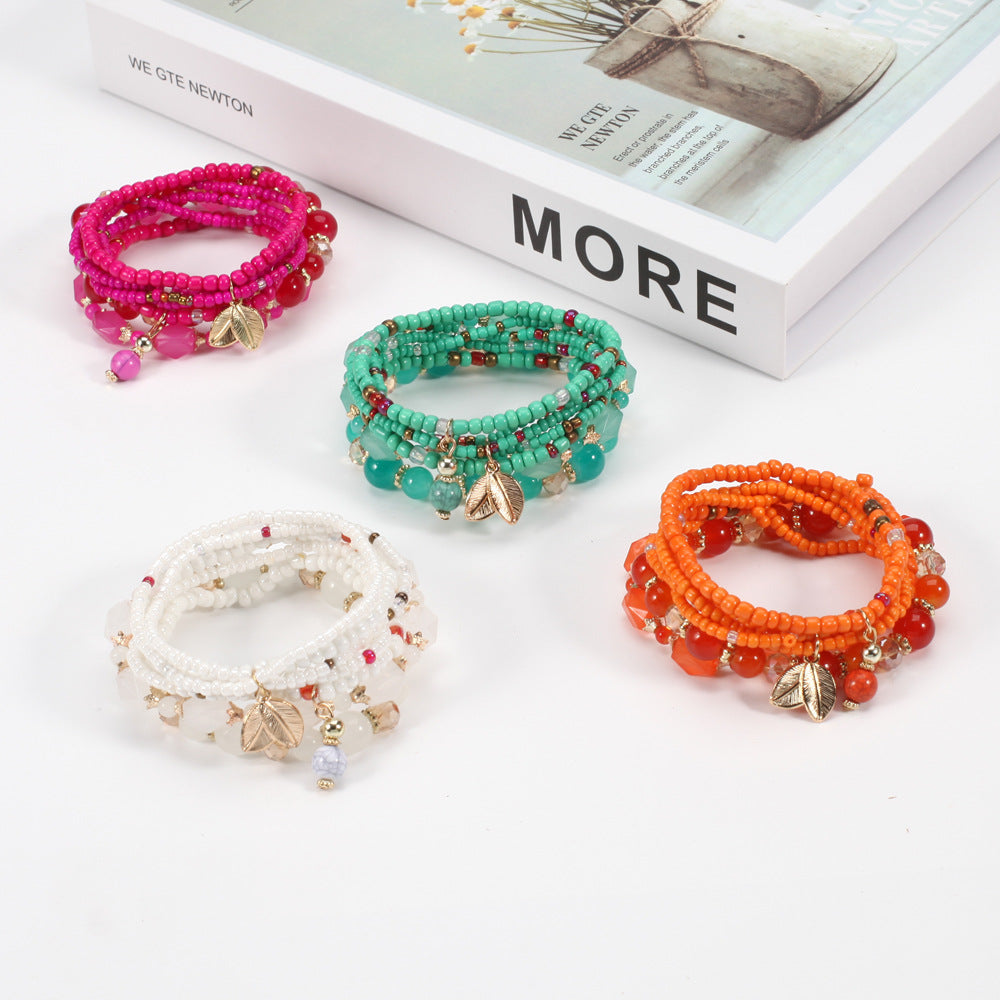 Wholesale Bohemian Multi-Layer Beaded Bracelet Leaf Pendant Bracelet Holiday Elastic Bracelet for Women