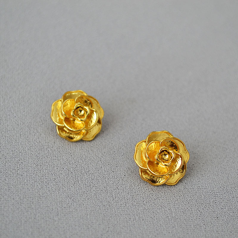 Wholesale 3D Camellia Brass Gold Plated 925 Silver Needle Earrings