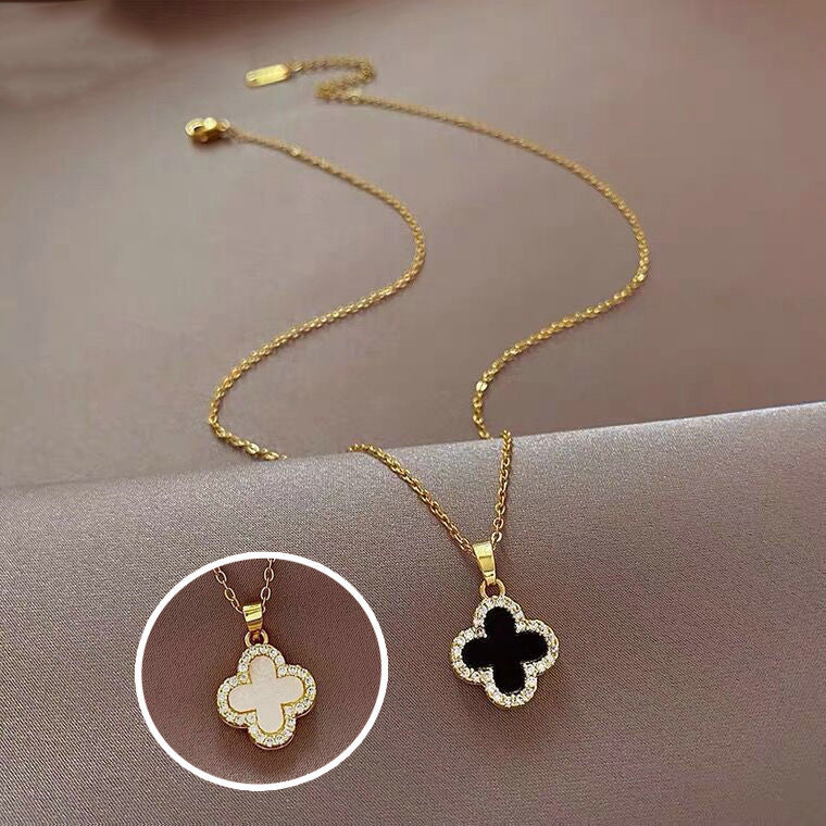 Wholesale Fully Rhinestone Four-leaf Clover Titanium Steel Double Sided Necklace