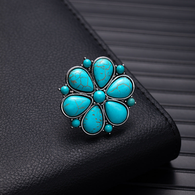 Wholesale Retro Bohemian Silver Flower Imitation Turquoise Ring - Fashion Accessory for Boutique Resale