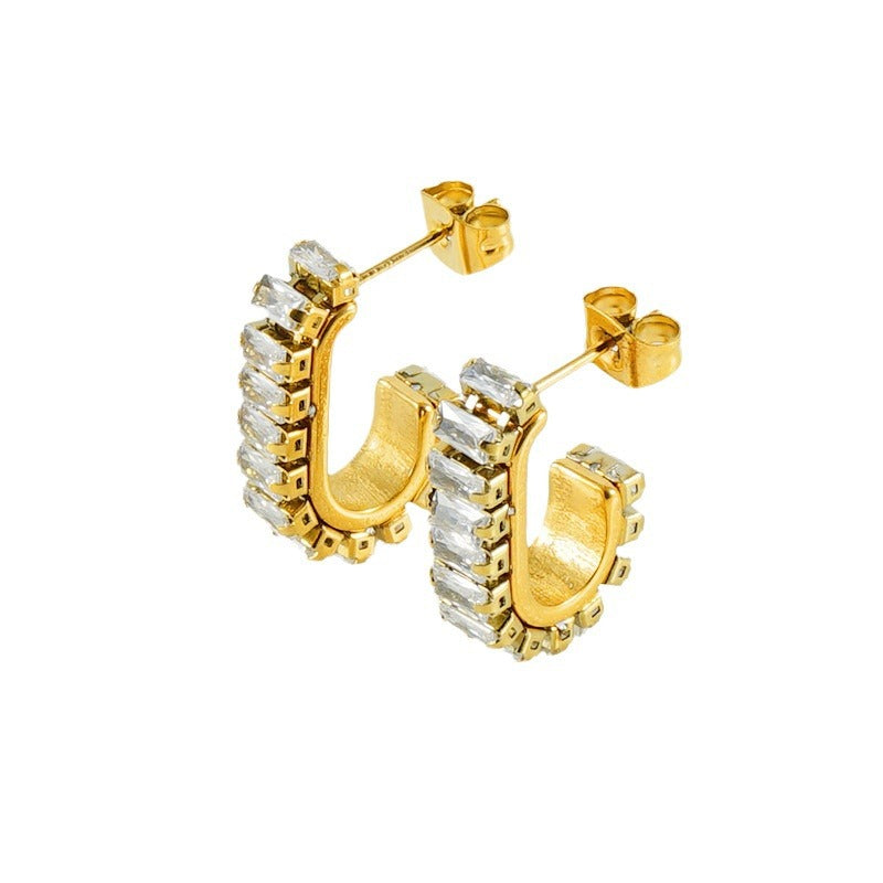 Wholesale  titanium steel U-shaped zircon full diamond earrings
