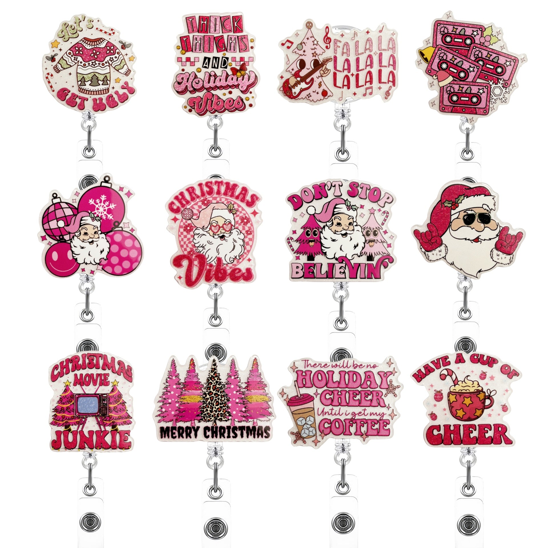 Wholesale Acrylic Pink Christmas Retractable Rotating Badge Keychain