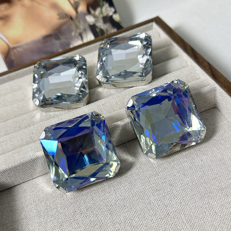 Wholesale Square Octagonal Glass Moonlight Crystal Large Solitaire Earrings