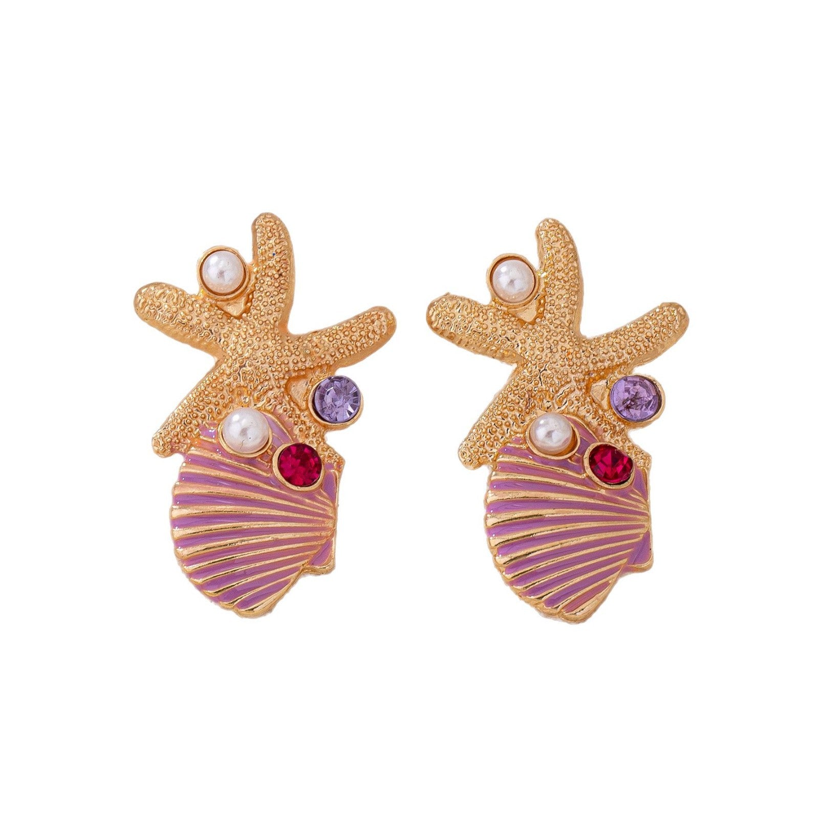 Wholesale Vacation Style Pink Shell Starfish Pearl Rhinestone Earrings For Women Trendy Jewelry Accessory