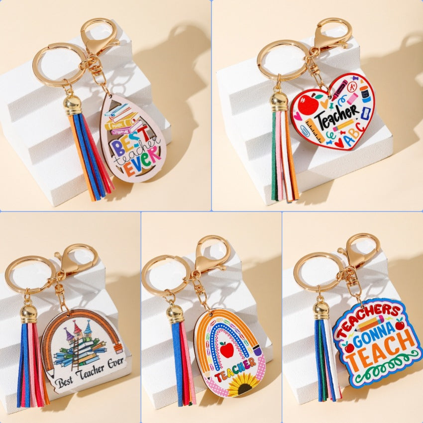 Wholesale Wooden Rainbow Pencil Keychain with Tassel - Boutique Resale Gift