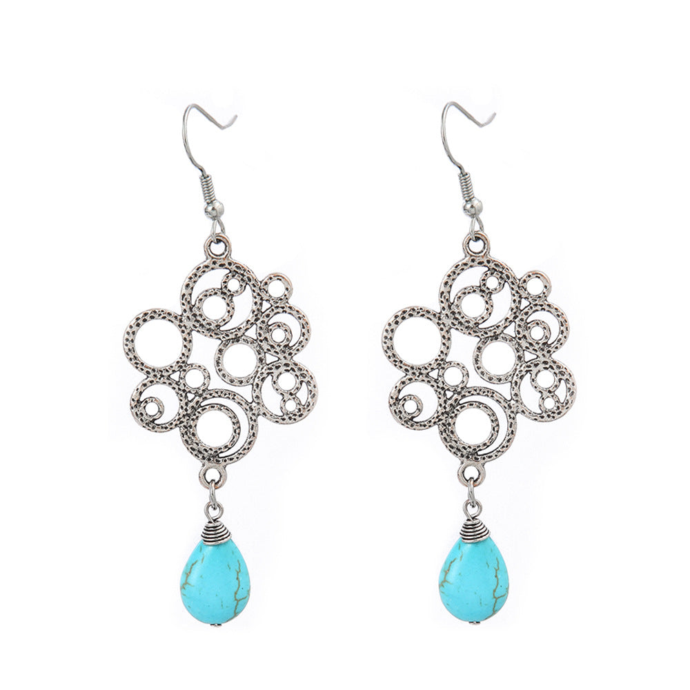 Wholesale Turquoise Geometric Tassel Earrings Antique Silver Retro Fashion Accessory for Everyday Wear or Gift