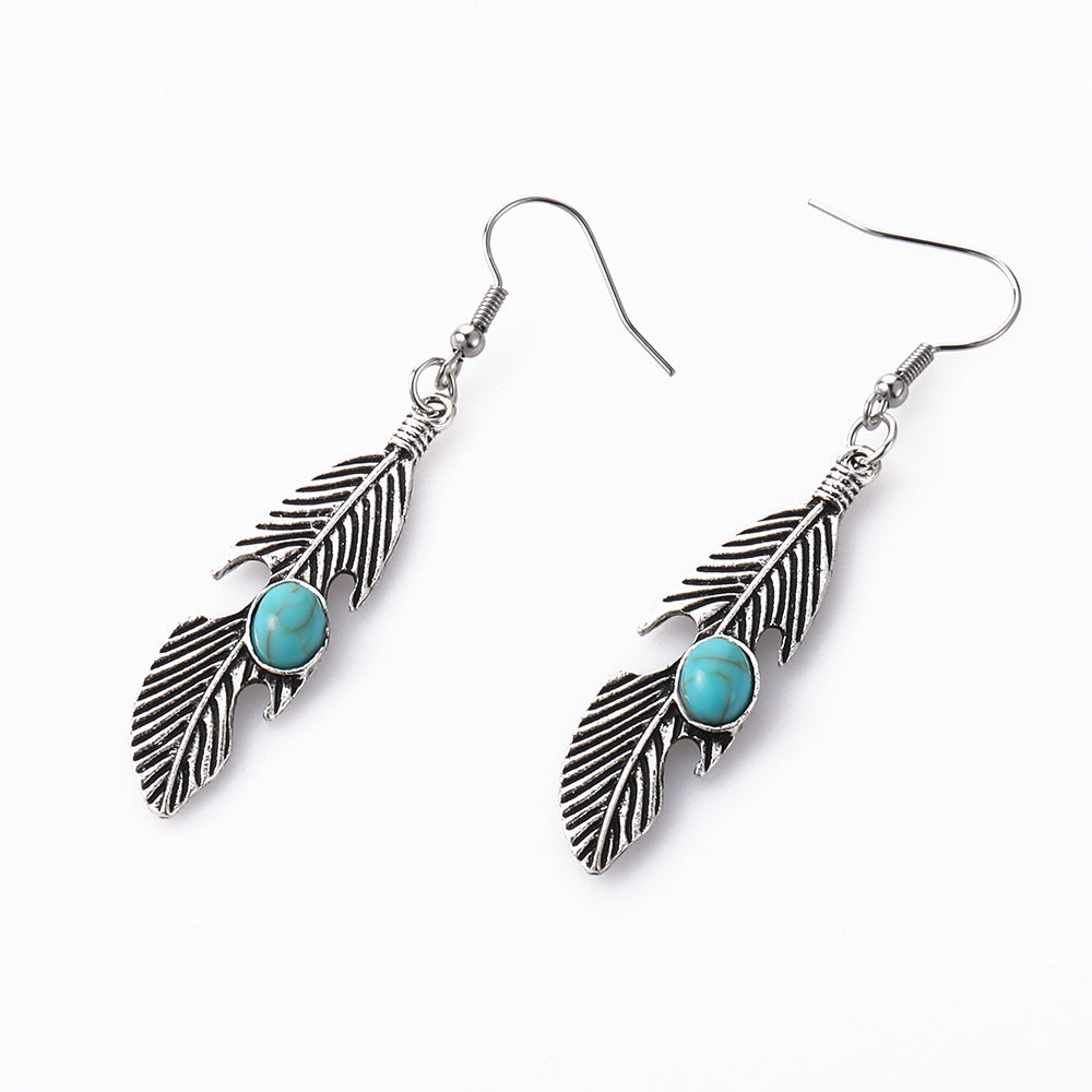 Wholesale  handmade fashion personality feather inlaid turquoise earrings