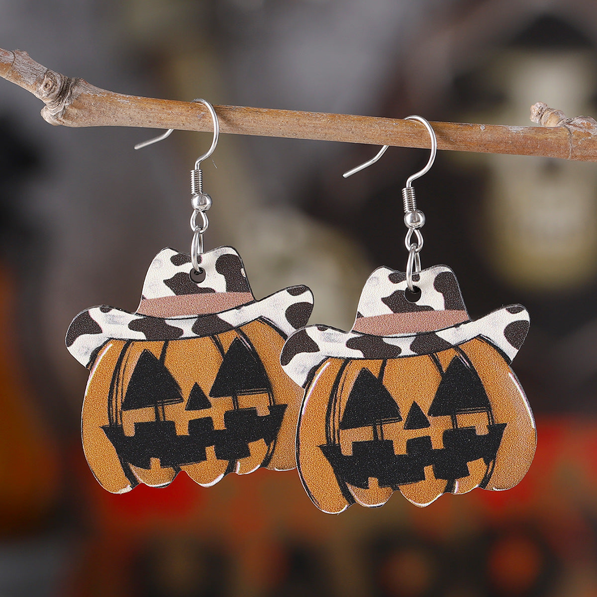Wholesale Halloween Western Style Ghost Face Pumpkin Pendant Earrings Wood Earrings Goth Theme Double-sided Earrings ACC-ES-ChuLian034