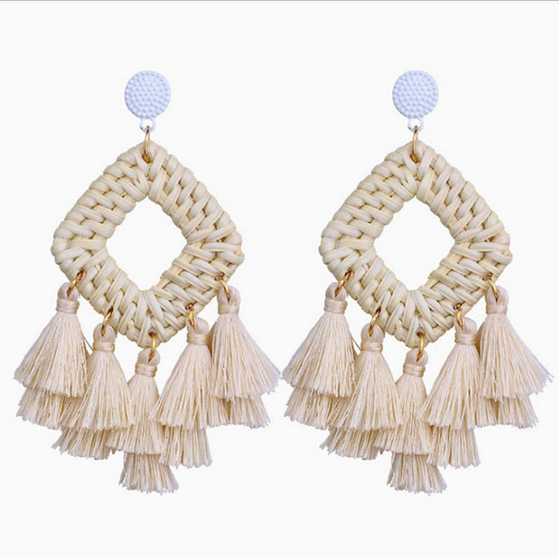Wholesale Retro Exaggerated Bohemian Rattan Raffia Tassel Vintage Earrings ACC-ES-Boman001