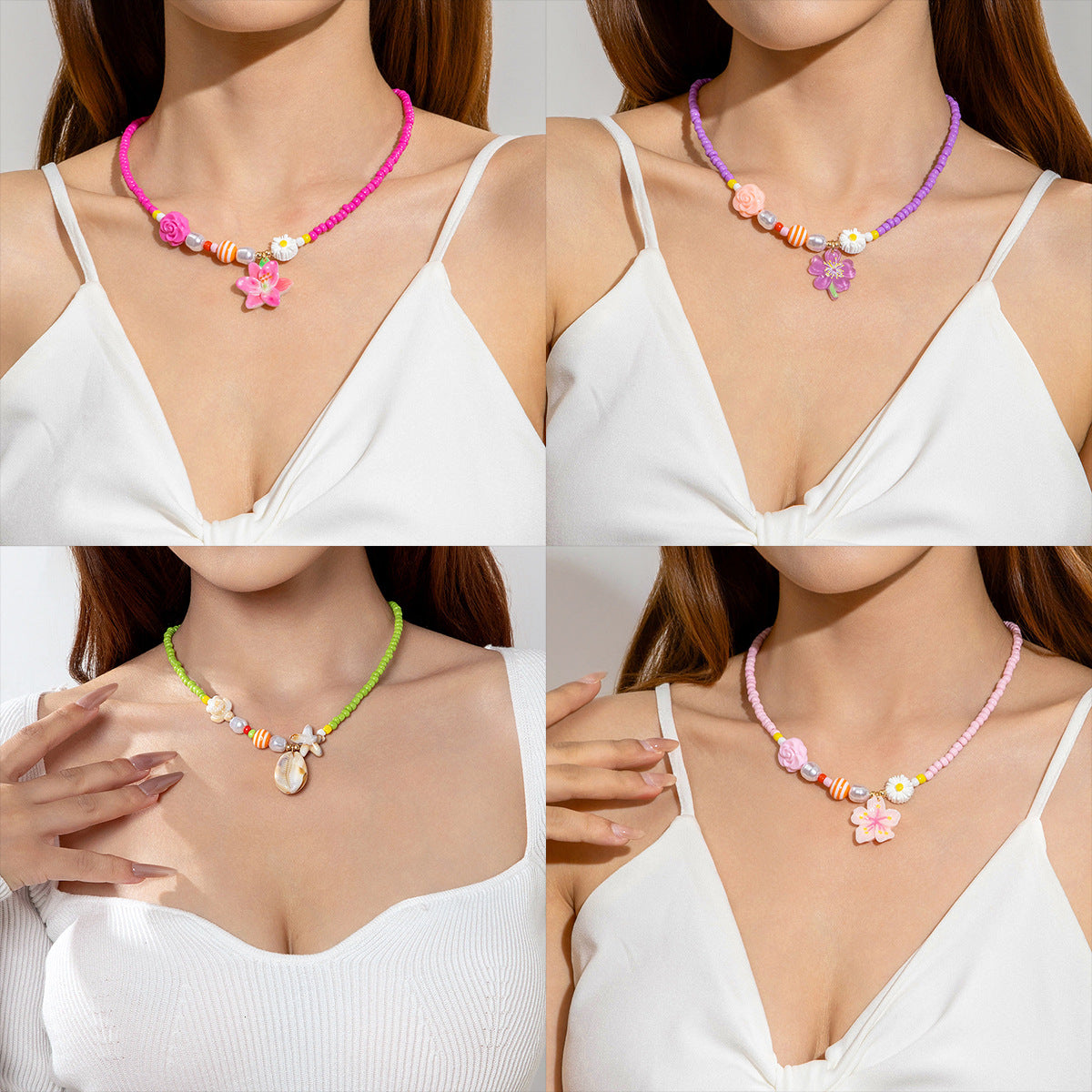 Wholesale  Starfish Shell Necklace Ocean Style Beach  Rice Bead Bead Necklace