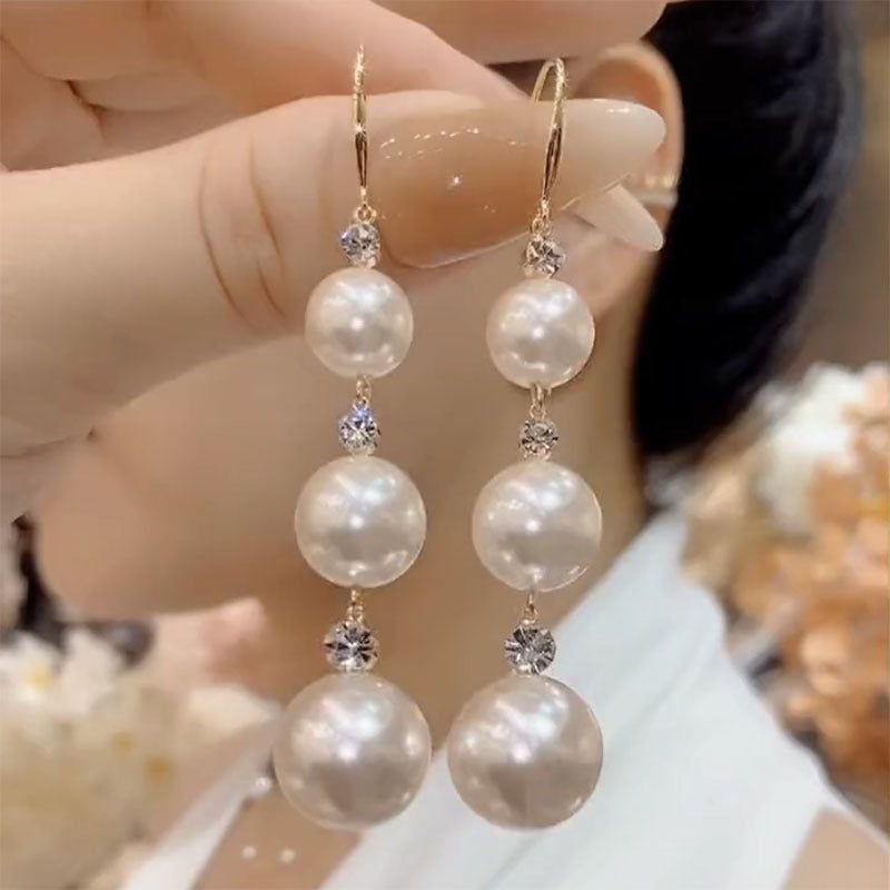 Wholesale Long Pearl Tassel Zirconia Earrings