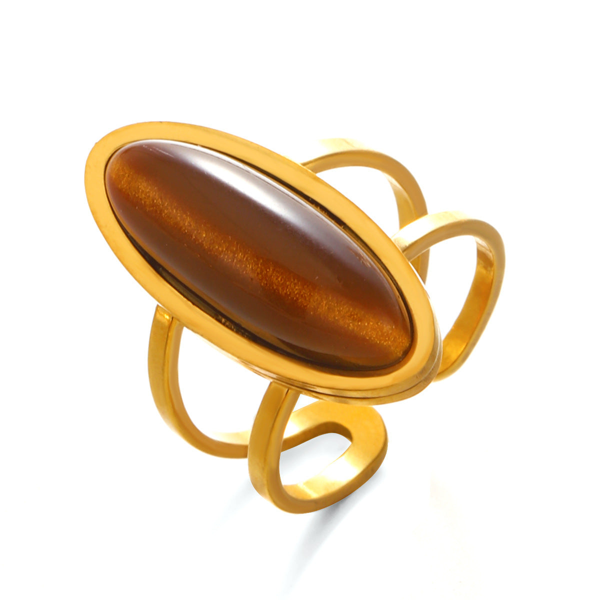 Wholesale Stainless Steel Tiger Eye Stone Geometric Oval Wide Ring for Women - Stylish Hip-Hop Jewelry Accessory