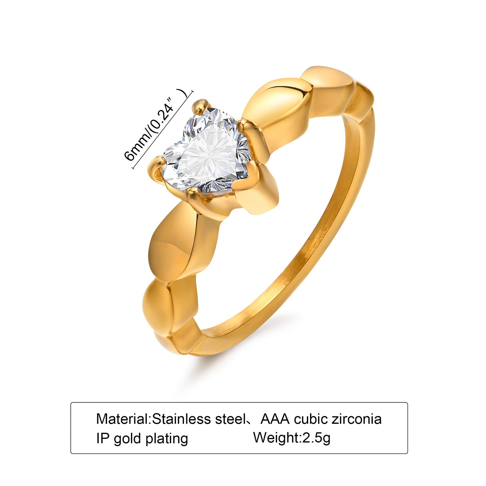 Wholesale Titanium Steel Ring Stainless Steel Zircon Gold Ring Heart Shape ACC-RS-HuaLanXin002